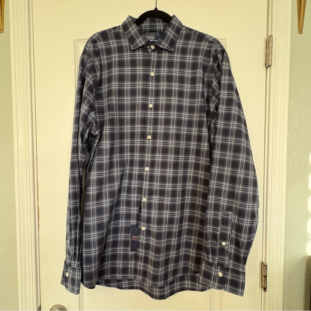 NWT Polo by Ralph Lauren Men’s Button Down Dress Shirt Blue Plaid 100% Cotton
